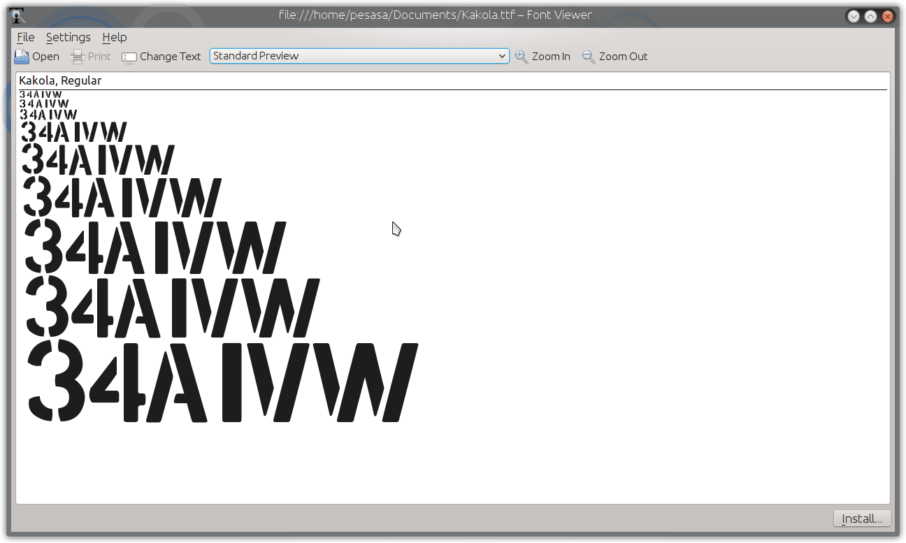 galleryimage:Ohjelmasta True Type -fonttitiedostoksi viedynkeskeneräisen kirjasintyypin tarkastelu kirjasintyyppien asennukseentarkoitetullaohjelmalla.
