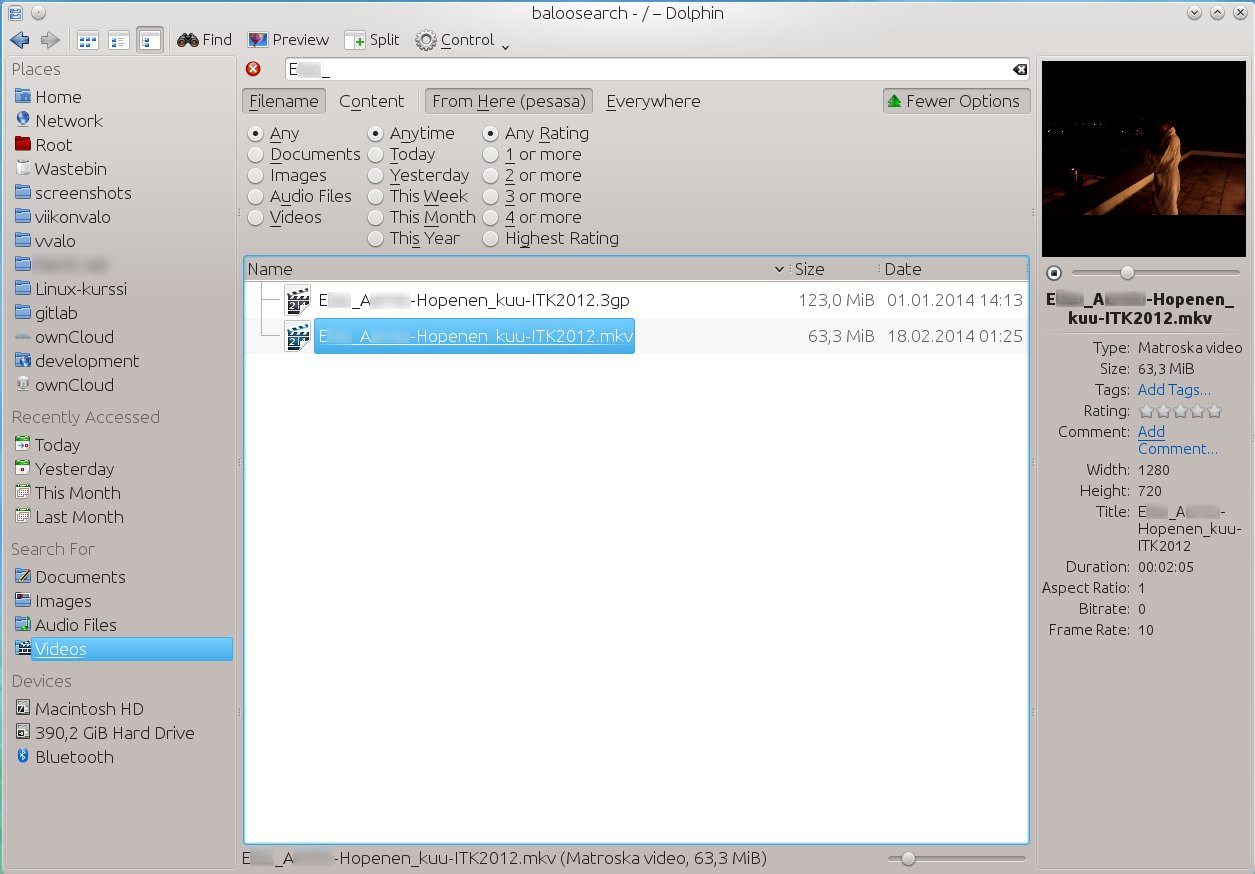 galleryimage:Dolphinin hakutoiminnallisuus hyödyntää KDE:n luomaatietokantaa levyllä olevistatiedostoista.