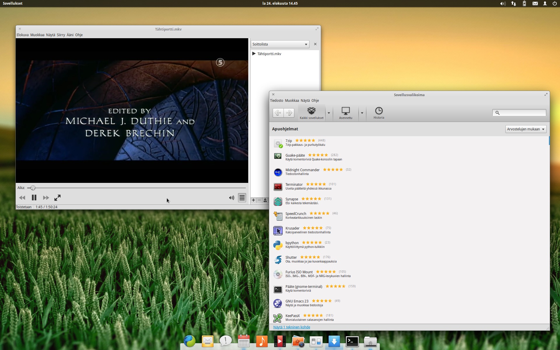 galleryimage:Totem-videotoistin sekä Ubuntustakin tuttusovellusvalikoima.