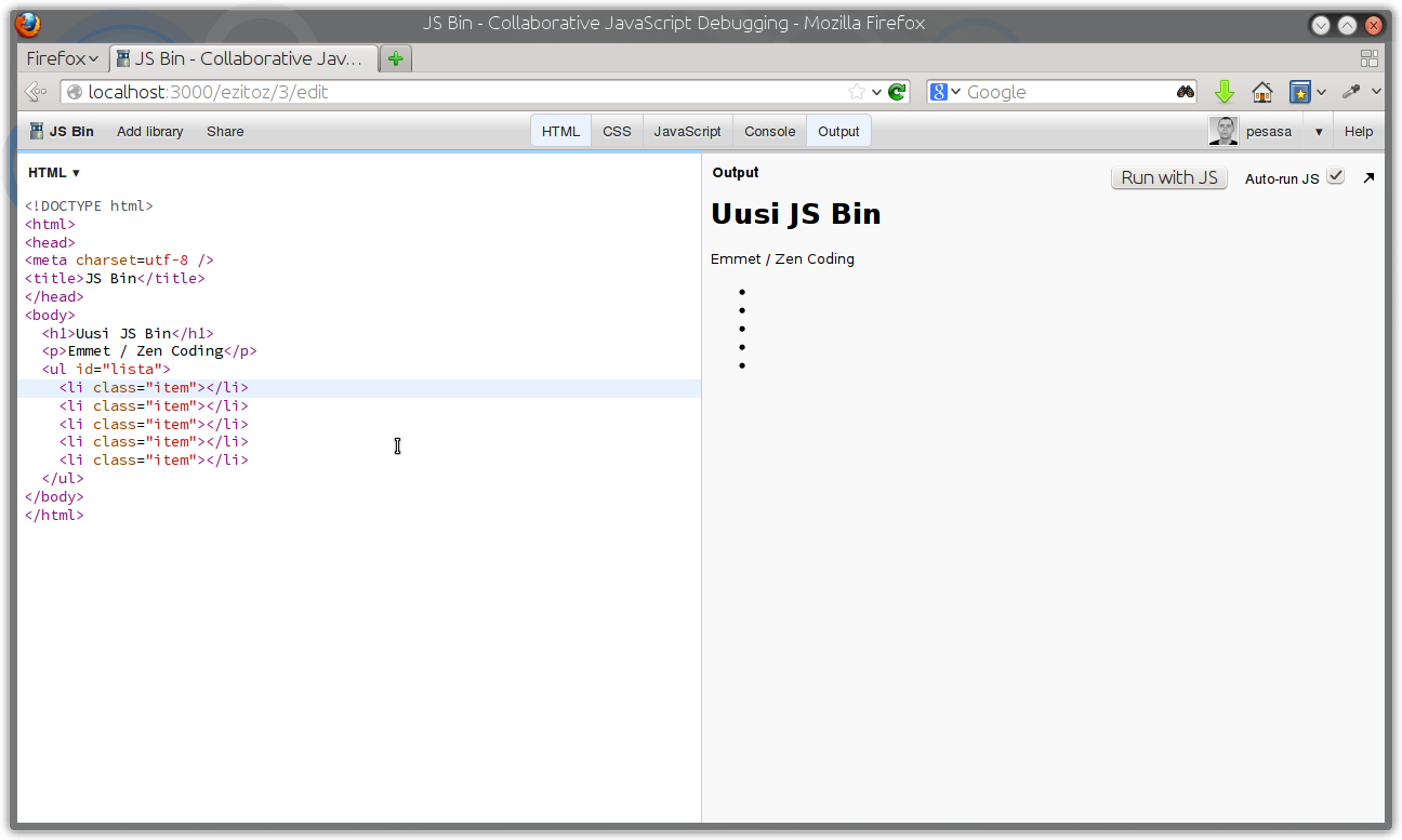 galleryimage:JS Bin osaa myös Emmet / Zen Coding -lyhenteidenkäytön html-koodinkirjoittamiseen.
