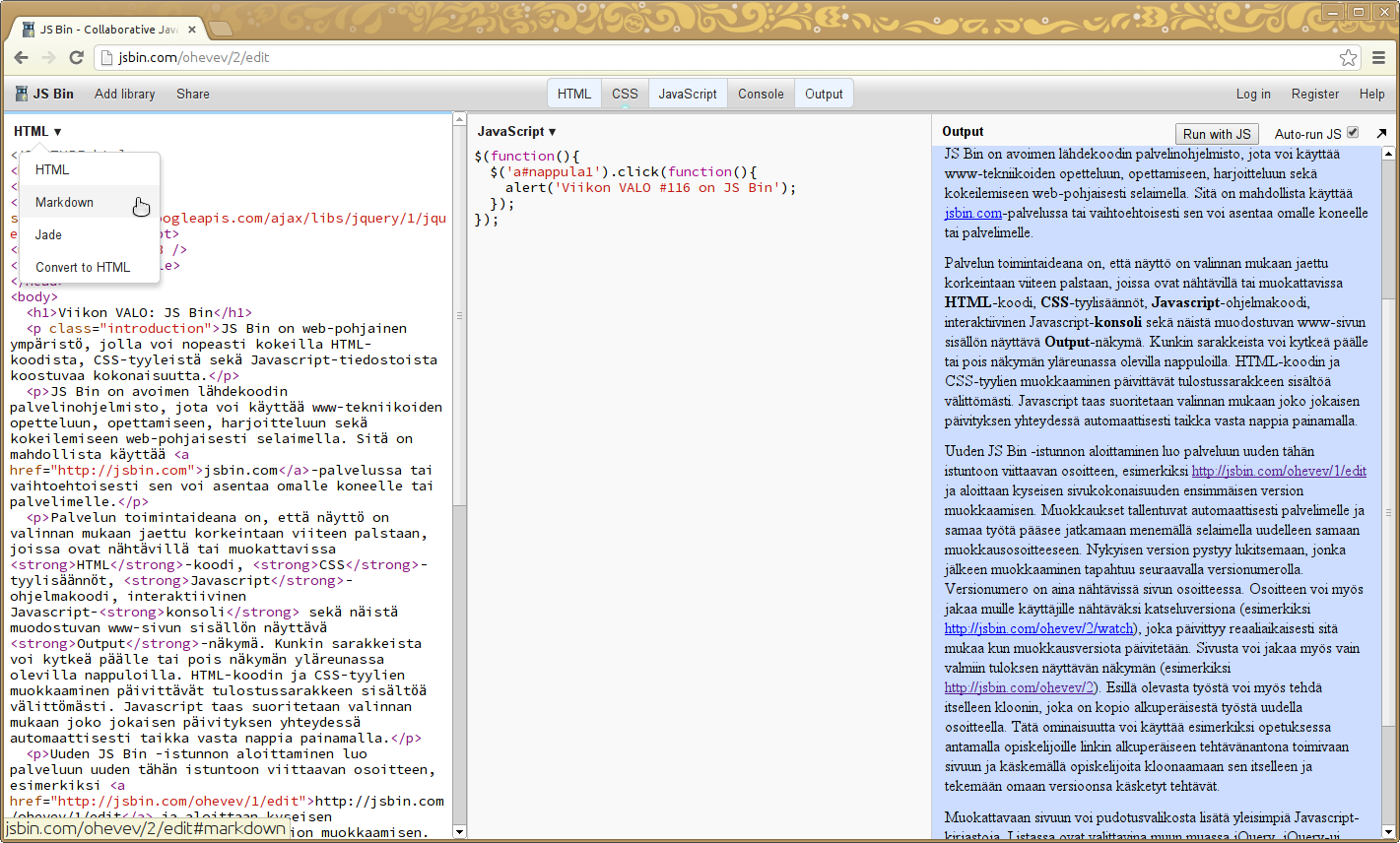 galleryimage:Sivun sisältö voidaan kirjoittaa html-koodin sijastamyös Markdown-merkintäkielellä taikkaJade-kielellä.