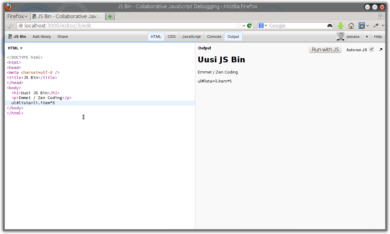 galleryimage:JS Bin käynnissä omalla koneella. Tietokantana toimiiSqlite. JS Bin osaa myös Emmet / Zen Coding -lyhenteiden käytönhtml-koodinkirjoittamiseen.