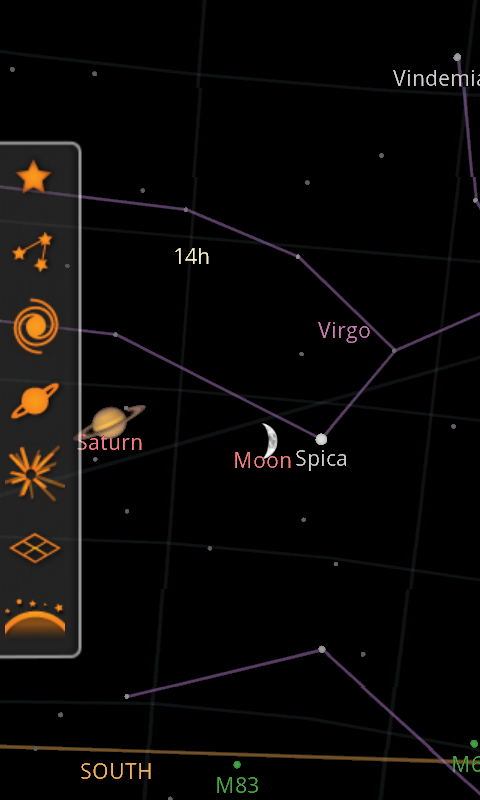 galleryimage:Sky Map näyttää ruudulla tähtiä, tähtikuvioita,Messierinkohteita,planeettoja,meteoriparvia,koordinaatiston sekä horisontin. Kunkin näistä voi erikseen kytkeäpoisnäkyvistä.