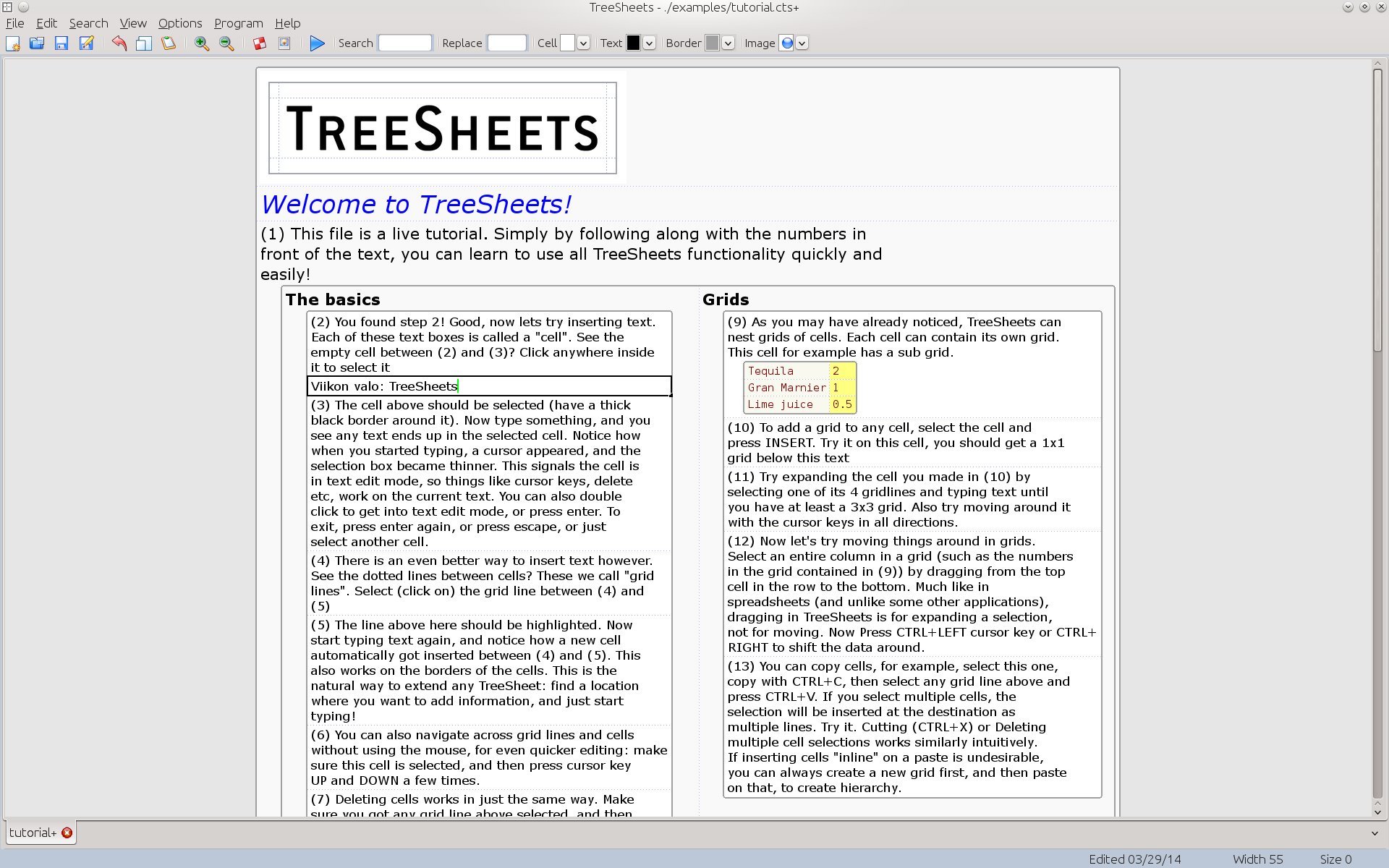galleryimage:Sisäkkäisiä taulukoita TreeSheetsintutorialissa.