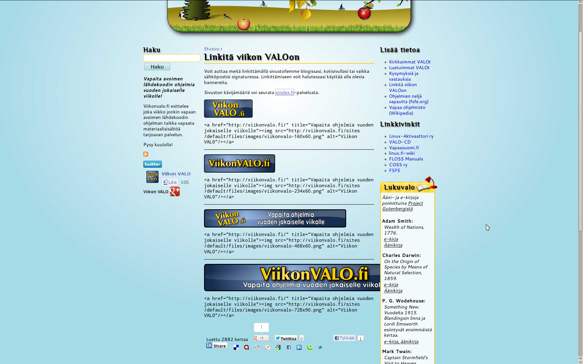 galleryimage:Viikon VALOa voi mainostaa laittamalla omalleweb-sivulleen Viikon VALO -sivustolle linkittävän bannerin, joitalöytyyerikokoisina.