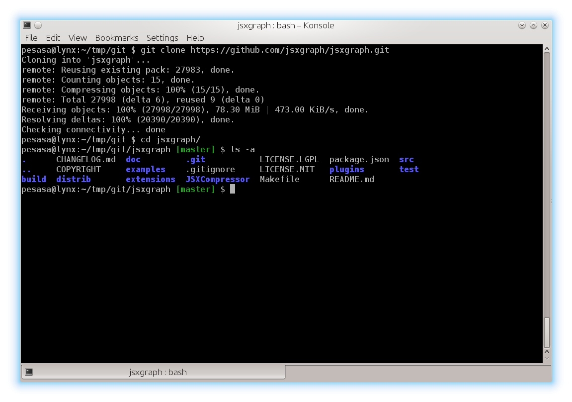 galleryimage:JSXGraph-projektin Git-repositoryn kloonaaminenGitHub-palvelustakomentorivillä.