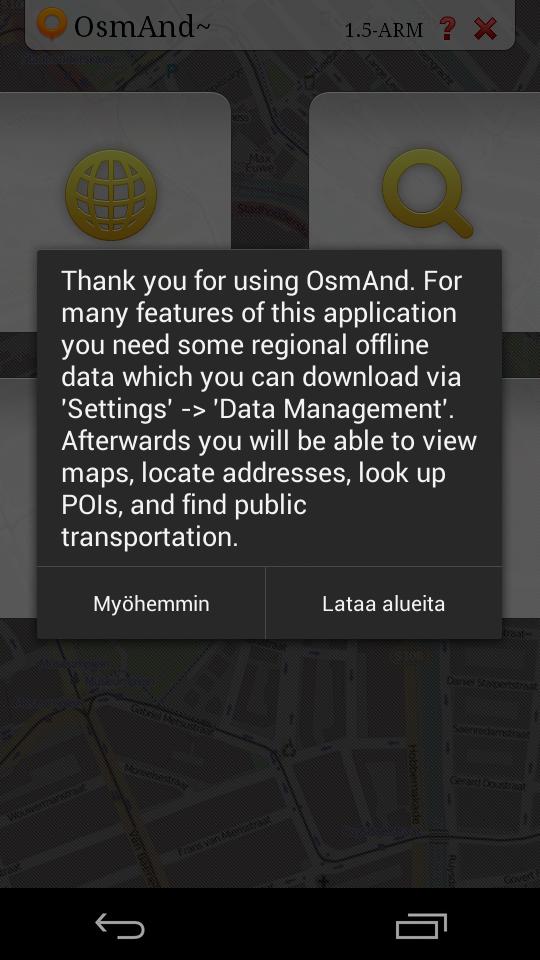 galleryimage:Ohjelman ensimmäinen käynnistys kysyy, halutaankoladataoffline-karttoja.