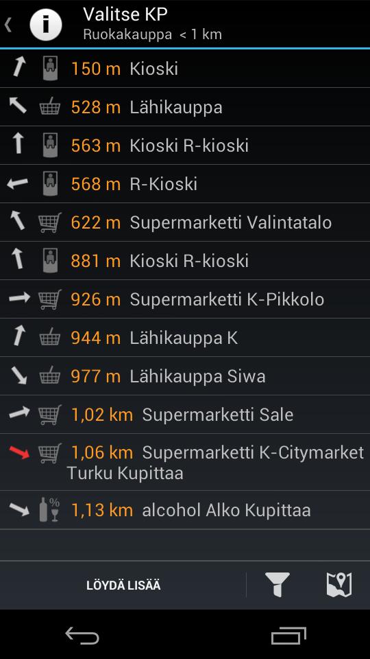galleryimage:Lista sijainnin lähellä sijaitsevista ruokakaupoista,niiden etäisyyksistä jasuunnista.