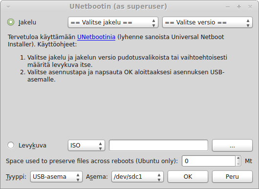 galleryimage:UNetbootinin päävalikko onpelkistetty.