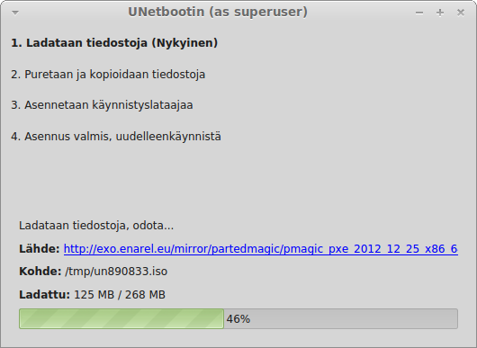 galleryimage:Hyväksymisen jälkeen Unetbootin ilmoittaa asennuksenetenemisestä.